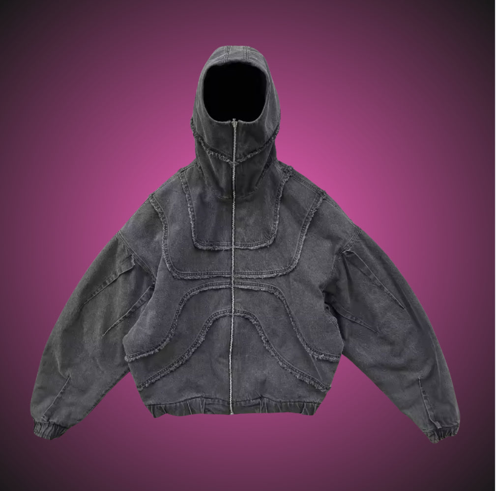 FRAYED DENIM ZIP UP JACKET