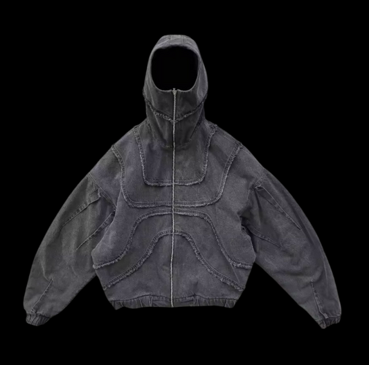 FRAYED DENIM ZIP UP JACKET